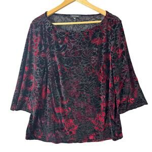 Roz & Ali Velvet Burn Out Shirt Women’s XL Black Red Floral Goth Witchy Boho Top